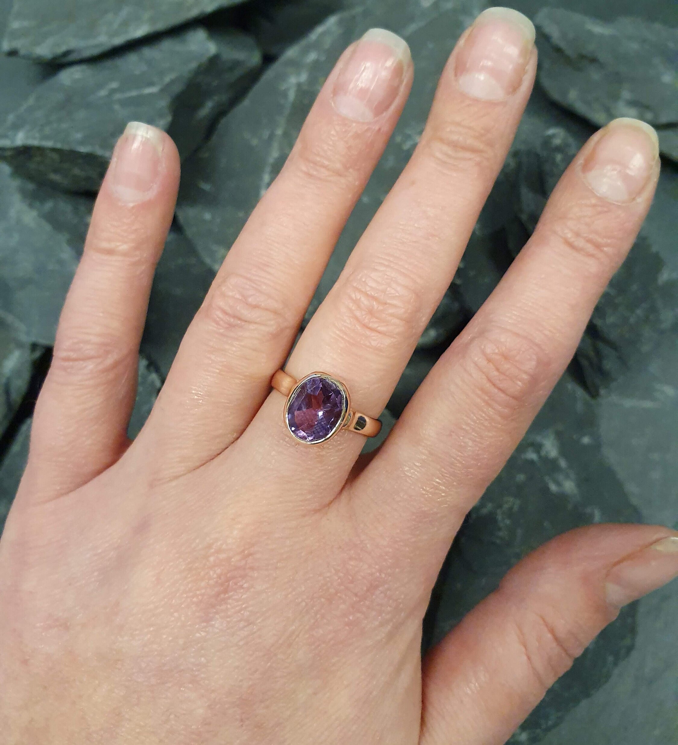 Amethyst Ring, Rose Gold Ring, February Birthstone, Solitaire Ring, Natural Amethyst, Gold Plated Ring, Purple Ring, Antique Style Ring