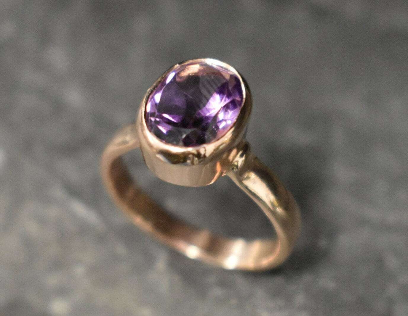 Amethyst Ring, Rose Gold Ring, February Birthstone, Solitaire Ring, Natural Amethyst, Gold Plated Ring, Purple Ring, Antique Style Ring