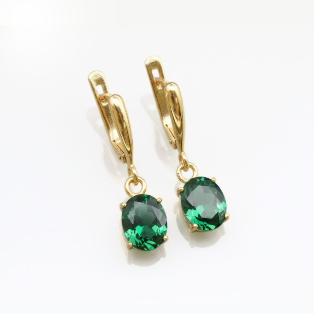 Stylish 18k Gold Vermeil Earrings with Oval Created Emerald, an exquisite choice for special occasions and daily wear.