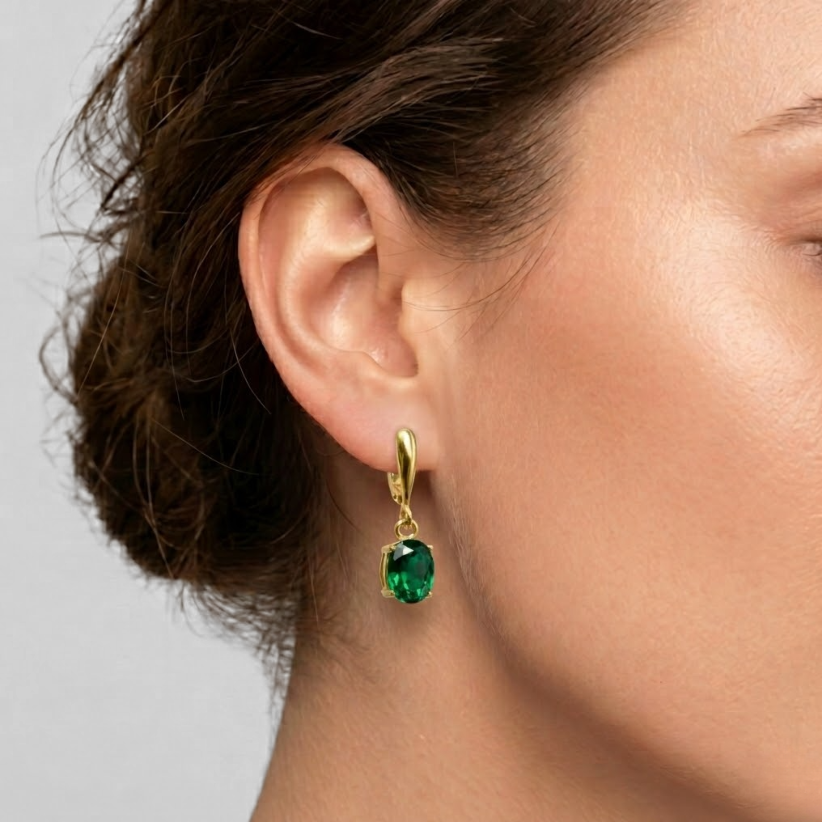 18k Gold Vermeil Emerald Earrings with Oval Created Green Emerald, perfect for May birthdays and everyday elegance.