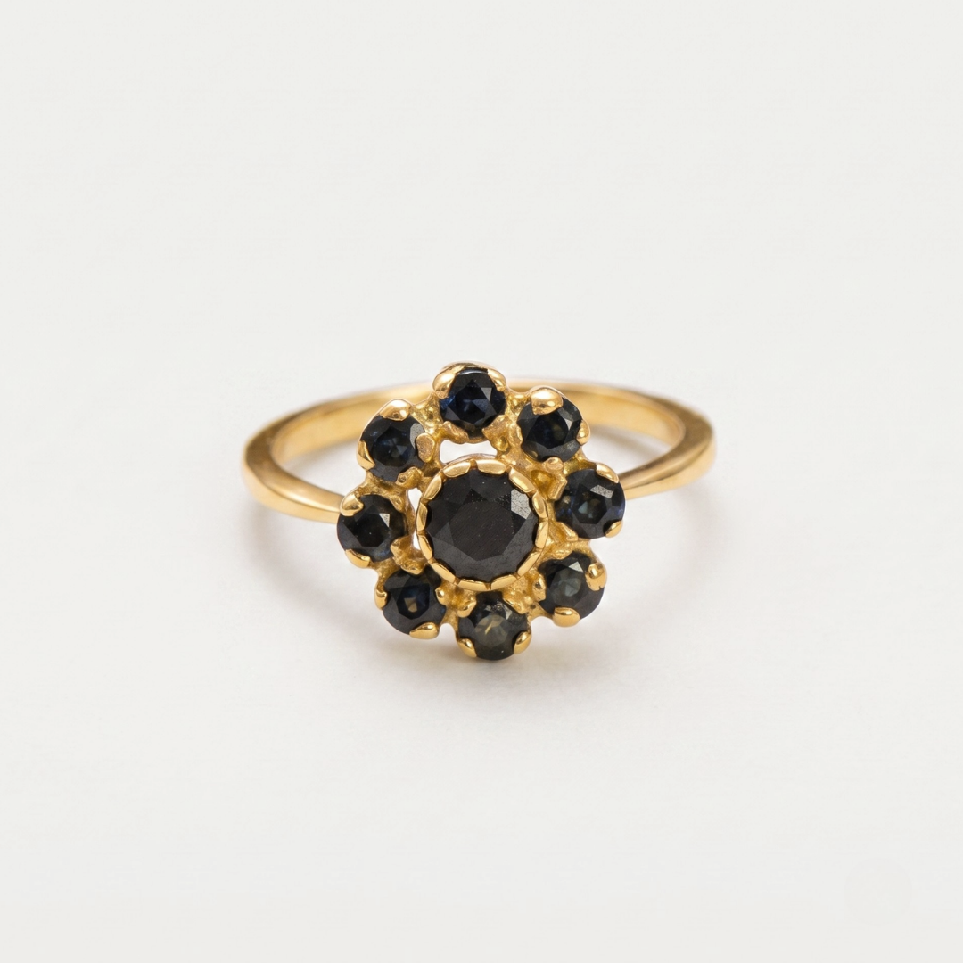 Natural Sapphire Ring made in 18k Gold Vermeil with Round Natural Blue Sapphire in Cluster setting, September Birthstone gift idea, symbolizes sincerity, truth, and faithfulness, ideal for everyday wear and perfect for birthday gifting and special occasions.