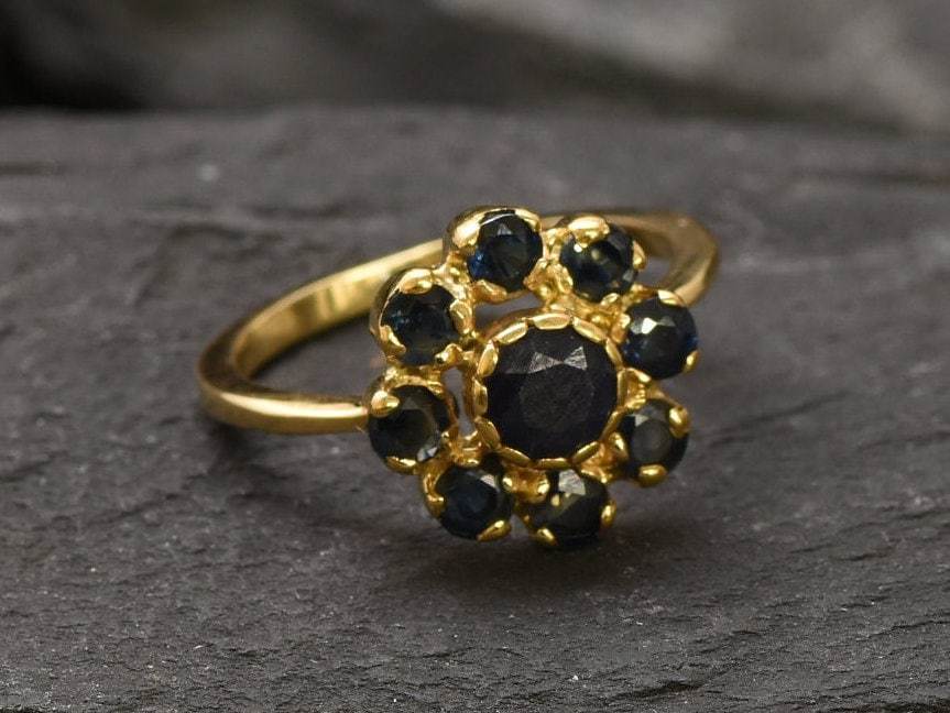 Natural Sapphire Ring made in 18k Gold Vermeil with Round Natural Blue Sapphire in Cluster setting, September Birthstone gift idea, symbolizes sincerity, truth, and faithfulness, ideal for everyday wear and perfect for birthday gifting and special occasions.