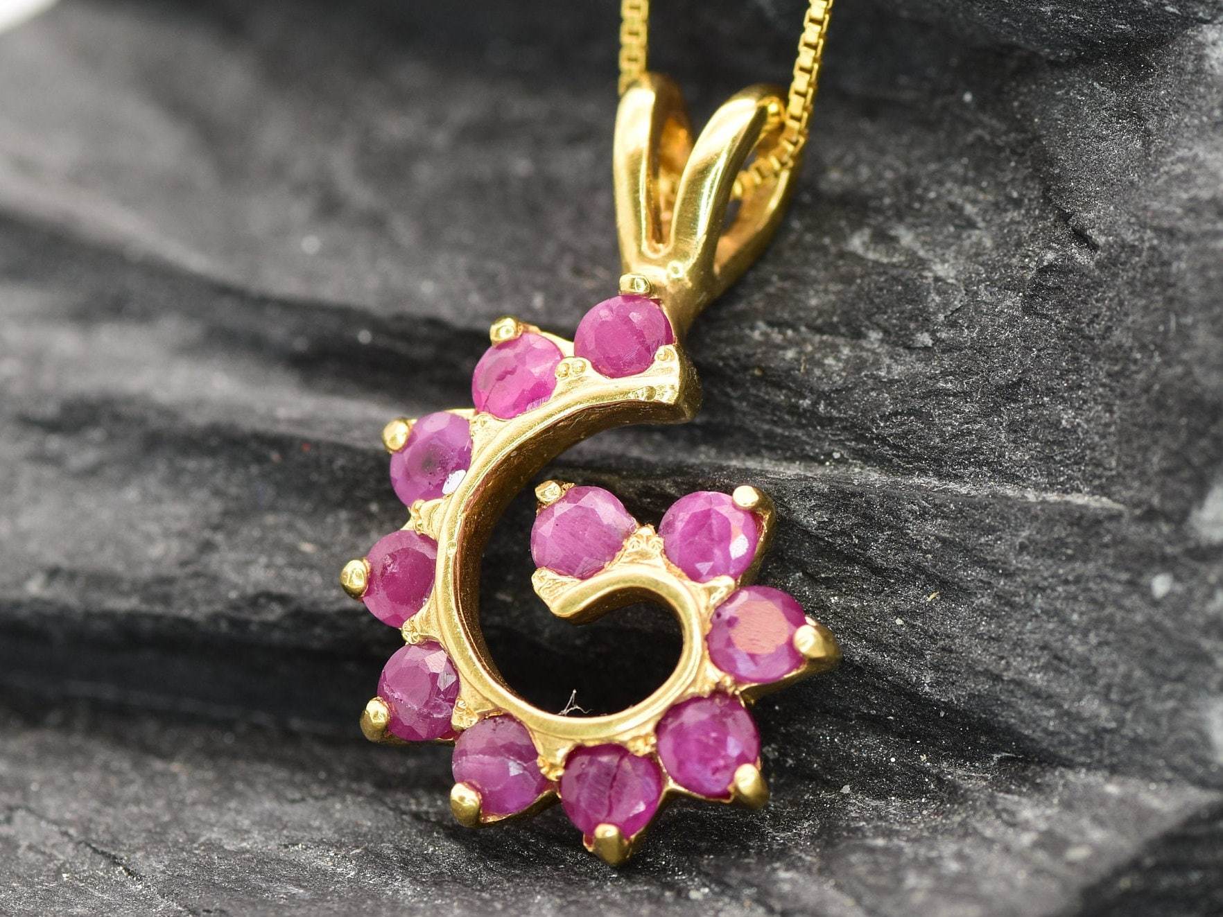 Natural Ruby Pendant made in 18k Gold Vermeil with Round Natural Red Ruby in Cluster setting, July Birthstone gift idea, symbolizes nobility, purity, and passion, ideal for everyday wear and perfect for birthday gifting and special occasions.