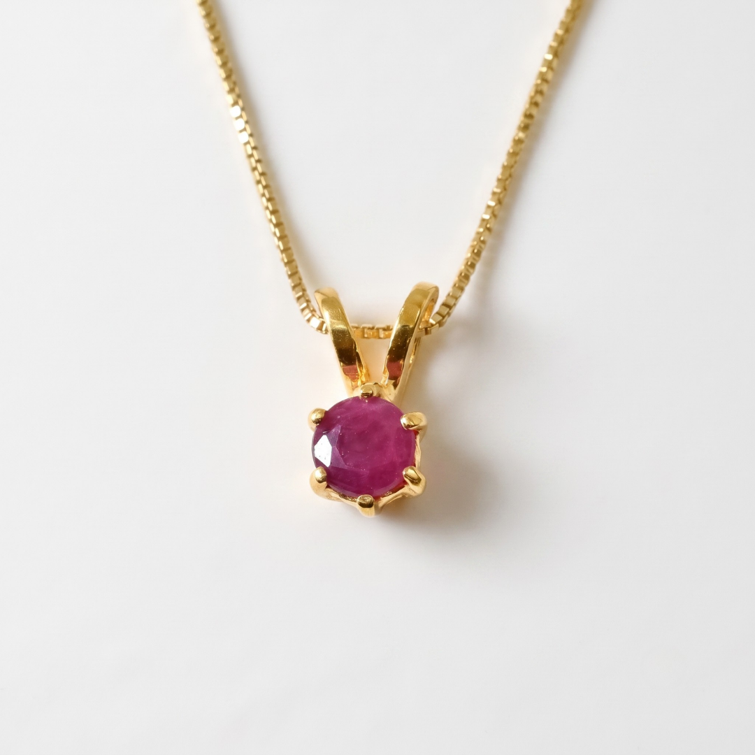 Natural Ruby Pendant made in 18k Gold Vermeil with Round Natural Red Ruby in Prong setting, July Birthstone gift idea, symbolizes nobility, purity, and passion, ideal for everyday wear and perfect for birthday gifting and special occasions.