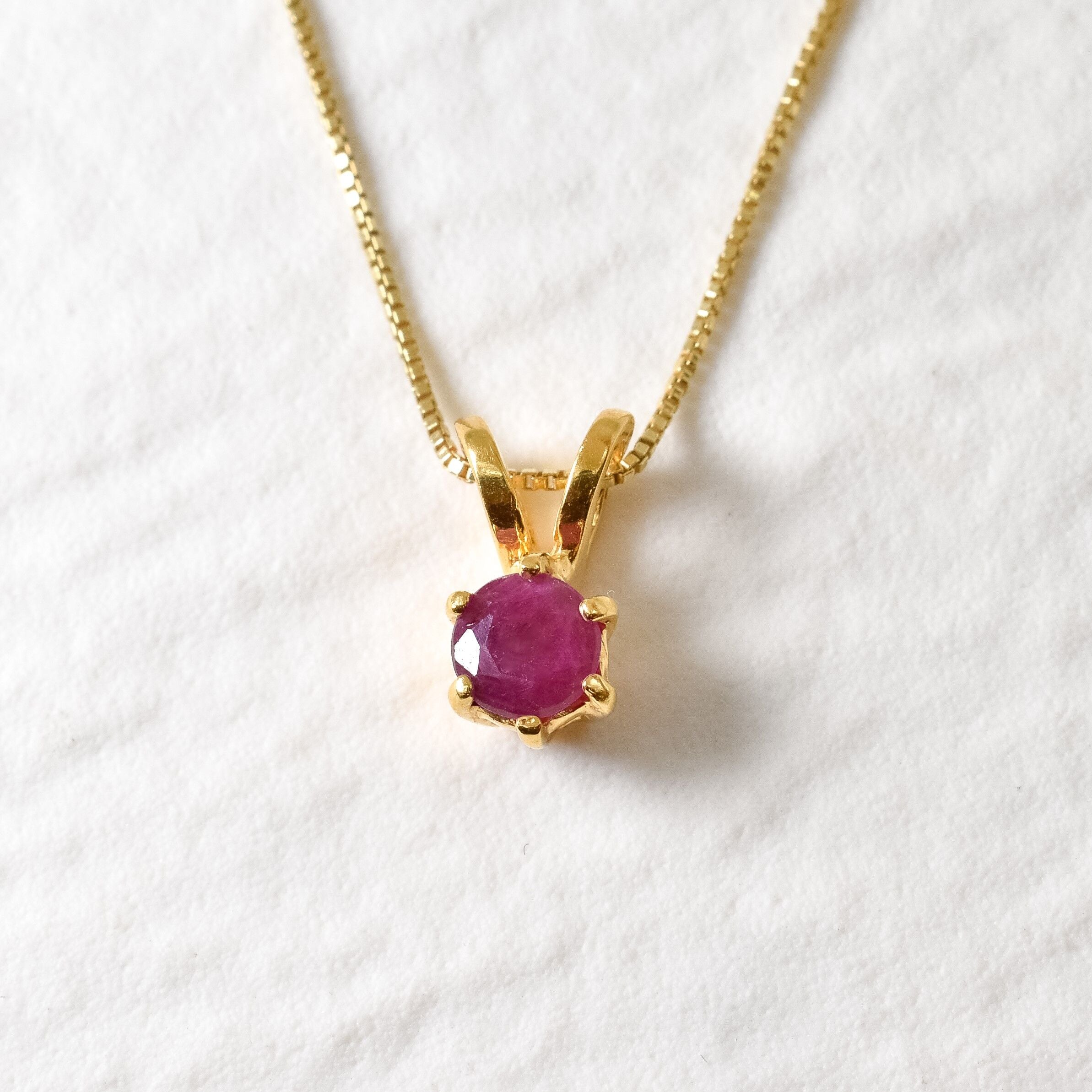 Natural Ruby Pendant made in 18k Gold Vermeil with Round Natural Red Ruby in Prong setting, July Birthstone gift idea, symbolizes nobility, purity, and passion, ideal for everyday wear and perfect for birthday gifting and special occasions.