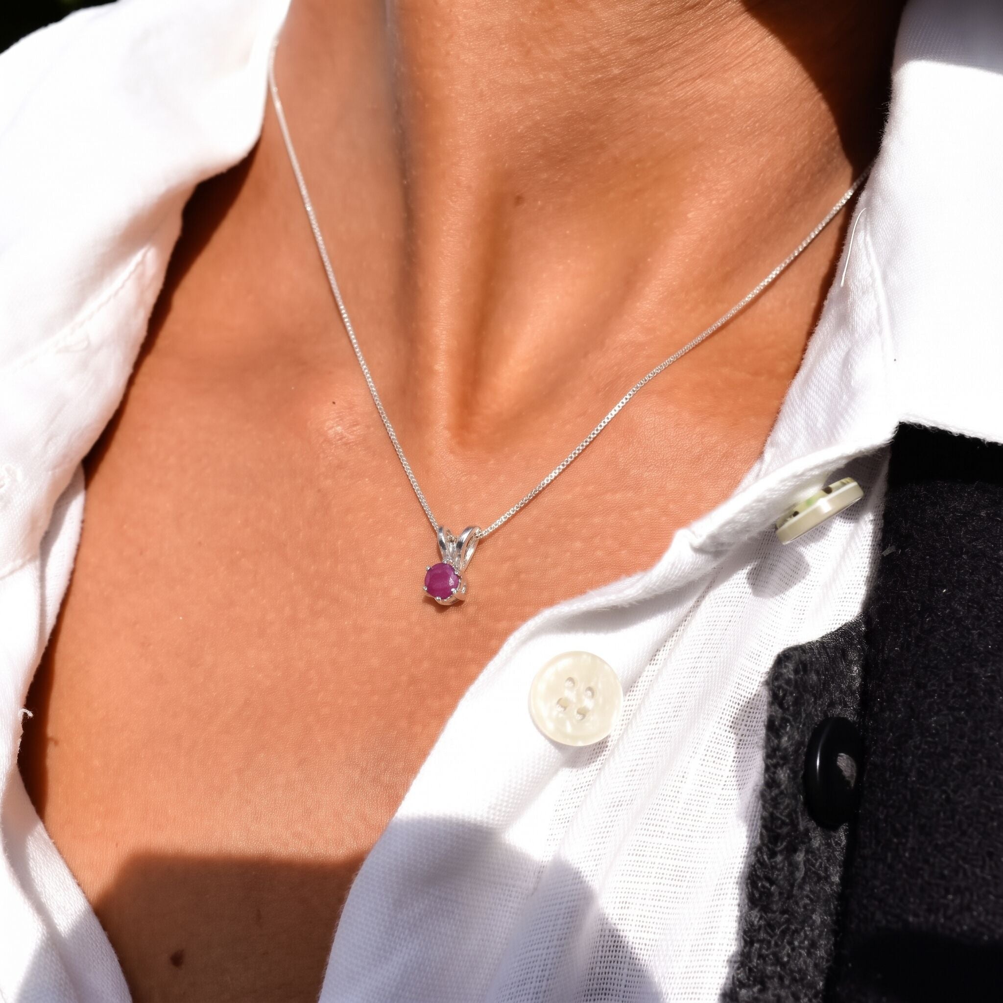 Natural Ruby Pendant in 925 Sterling Silver, showcasing Round Ruby in Prong setting, perfect for birthdays and special occasions.