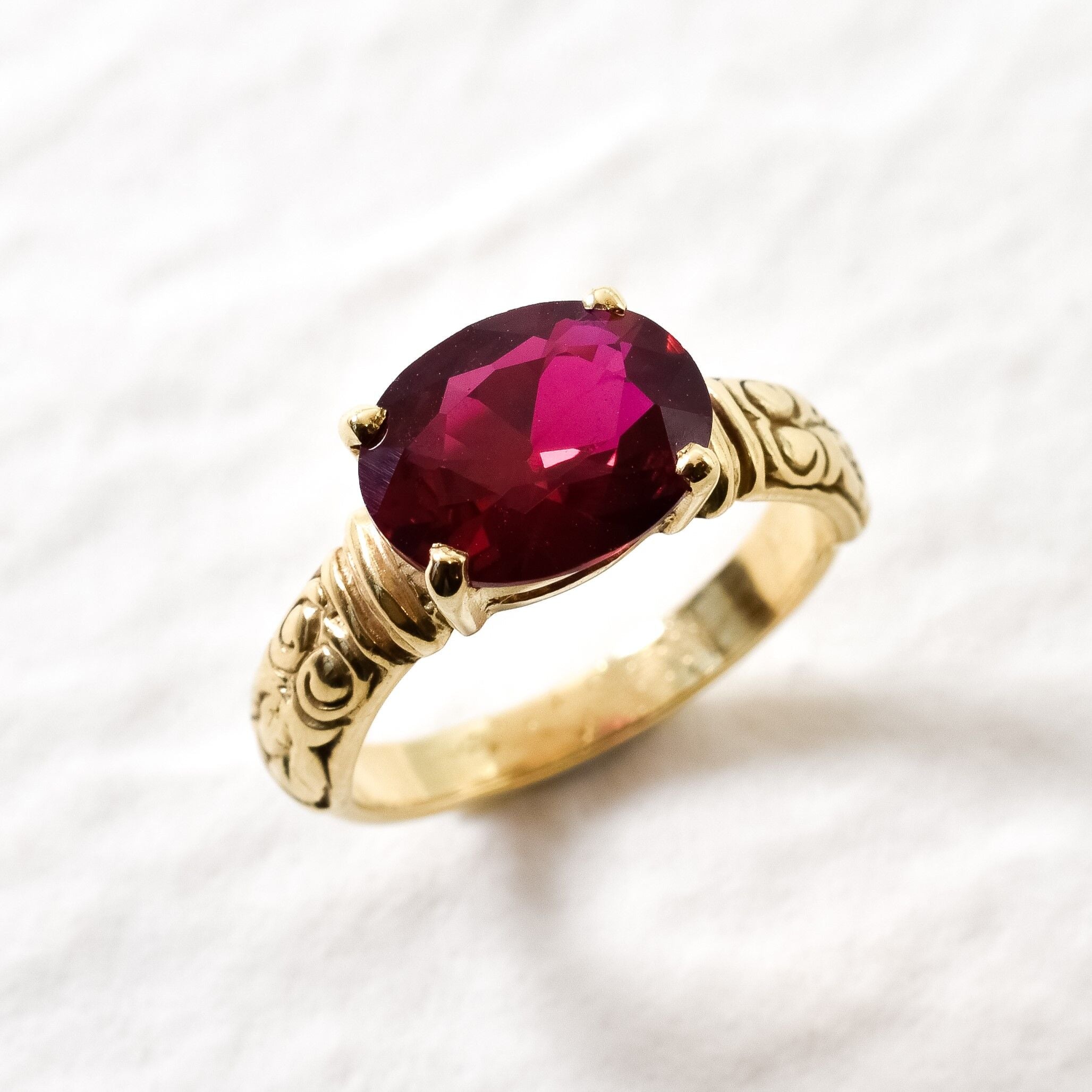 Created Ruby Ring made in 18k Gold Vermeil with Oval Created Red Ruby in Prong setting, July Birthstone gift idea, symbolizes nobility, purity, and passion, ideal for everyday wear and perfect for birthday gifting and special occasions.