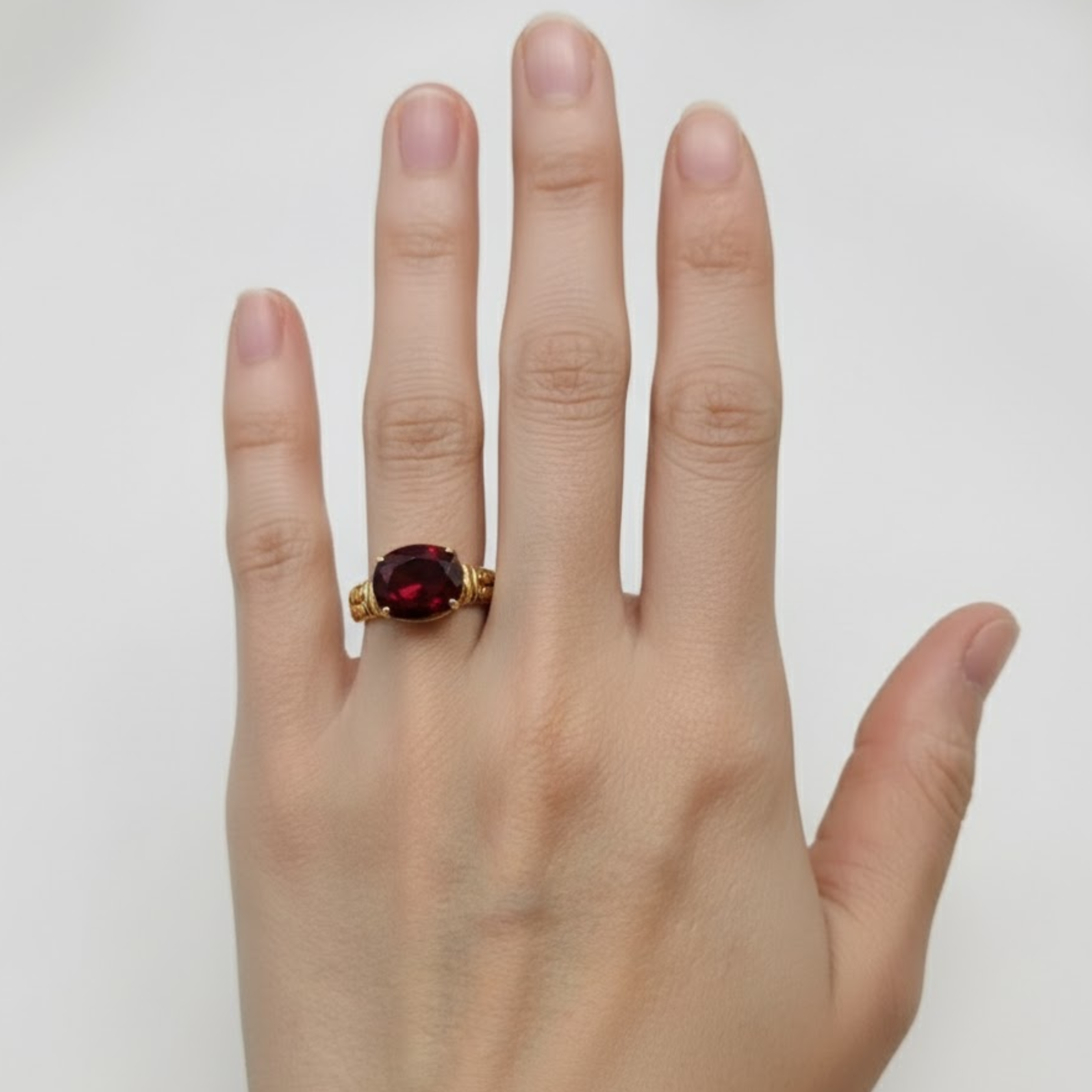 Stunning 18k Gold Vermeil Ring with Oval Created Red Ruby, an ideal gift symbolizing love and purity for July birthdays.
