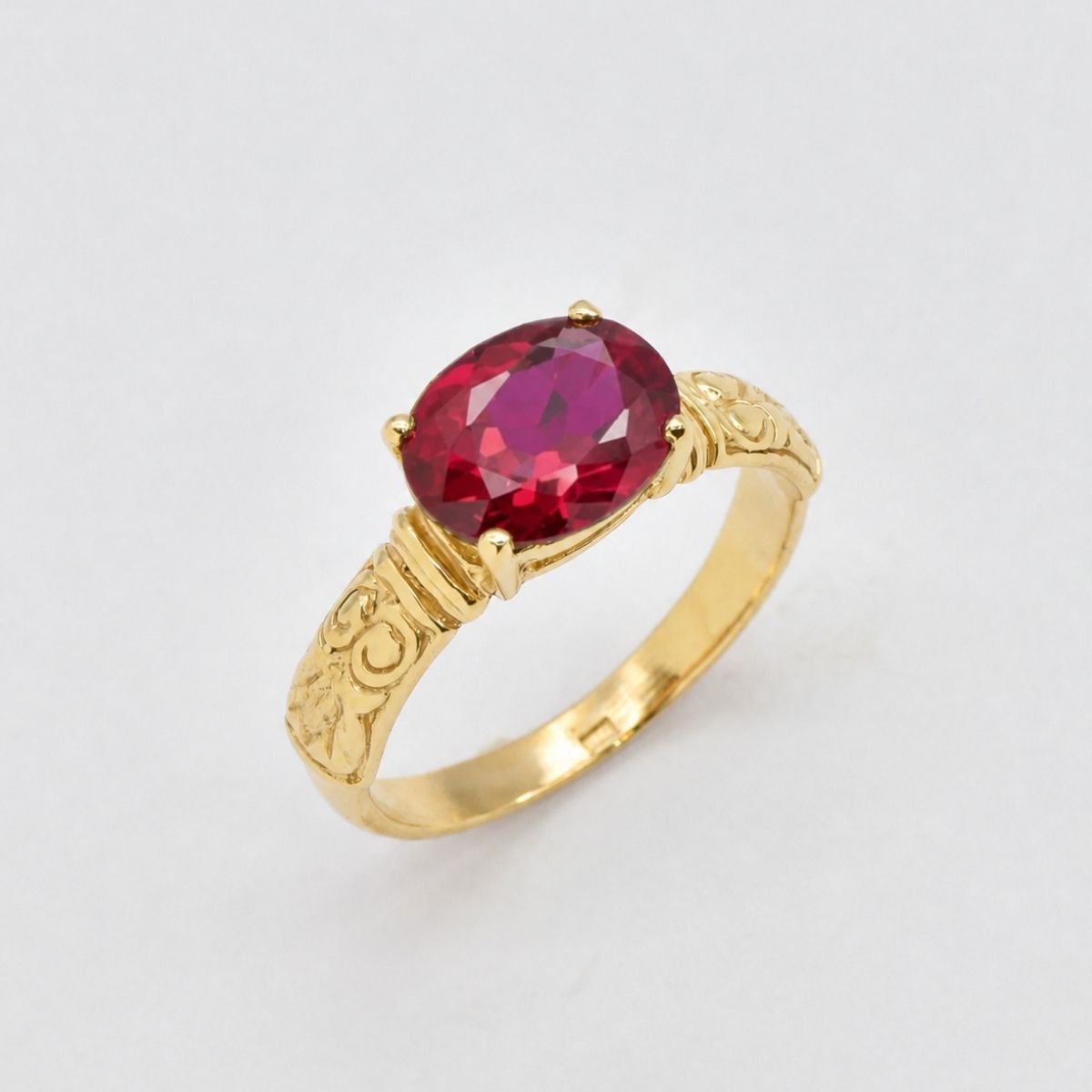 Created Ruby Ring made in 18k Gold Vermeil with Oval Created Red Ruby in Prong setting, July Birthstone gift idea, symbolizes nobility, purity, and passion, ideal for everyday wear and perfect for birthday gifting and special occasions.