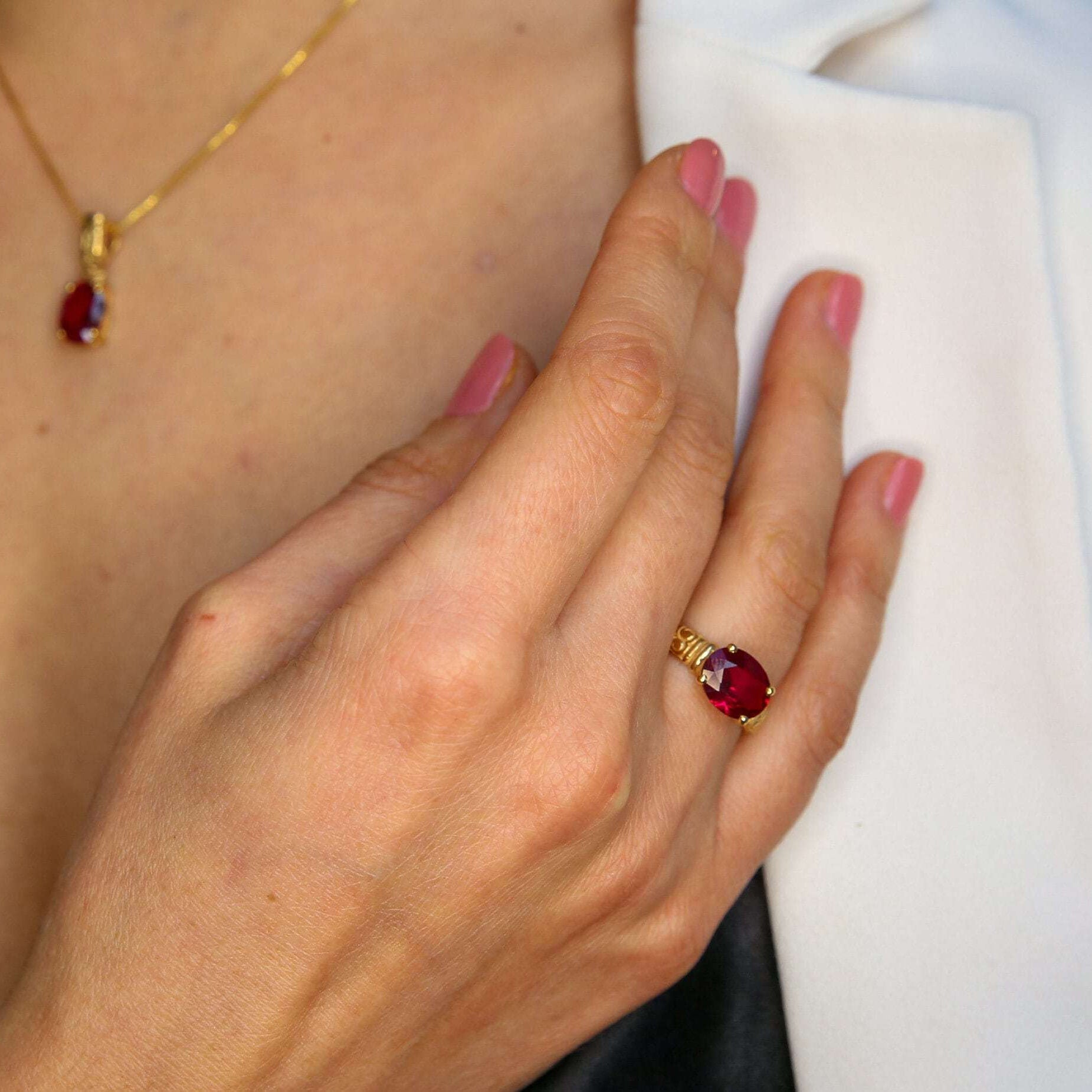 Elegant 18k Gold Vermeil Ruby Ring featuring an oval created red ruby, perfect for July birthdays and special occasions.