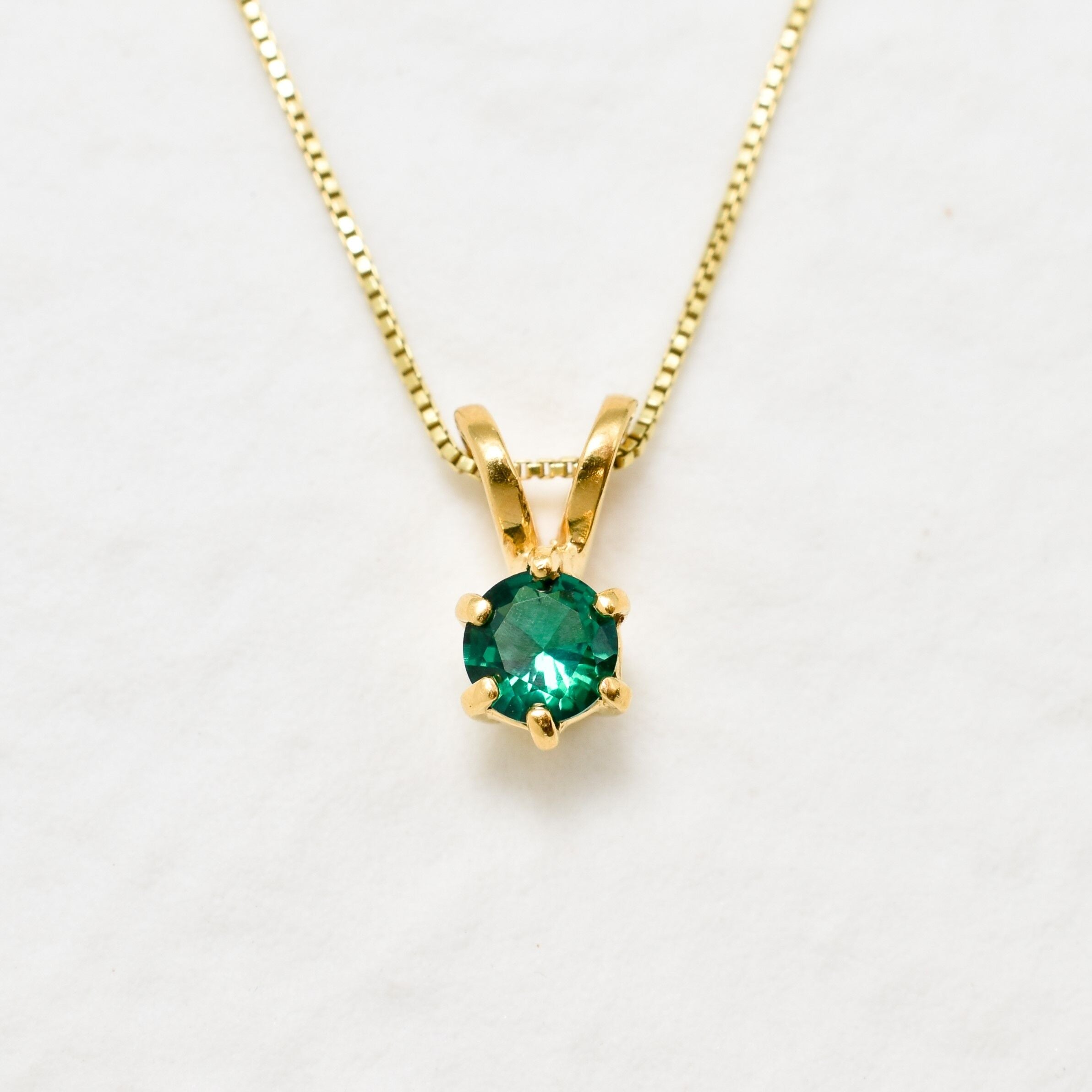 Created Emerald Pendant made in 18k Gold Vermeil with Round Created Green Emerald in Prong setting, May Birthstone gift idea, symbolizes, ideal for everyday wear and perfect for birthday gifting and special occasions.