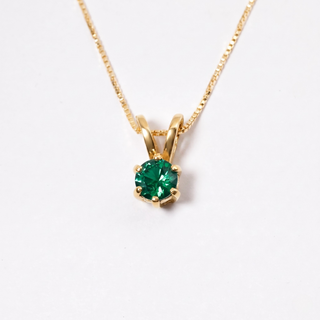 Created Emerald Pendant made in 18k Gold Vermeil with Round Created Green Emerald in Prong setting, May Birthstone gift idea, symbolizes, ideal for everyday wear and perfect for birthday gifting and special occasions.
