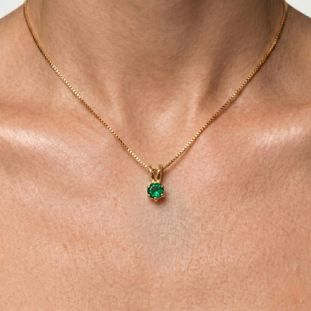 Elegant 18k Gold Vermeil Emerald Pendant featuring a round created green emerald, perfect for birthdays and special occasions.