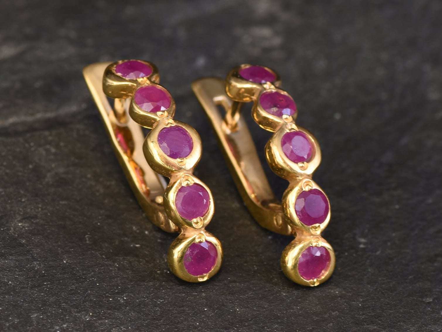 Natural Ruby Earrings made in 18k Gold Vermeil with Round Natural Red Ruby in Flush setting, July Birthstone gift idea, symbolizes nobility, purity, and passion, ideal for everyday wear and perfect for birthday gifting and special occasions.