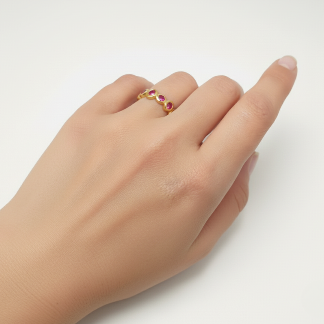 Chic 18k Gold Vermeil Ruby Ring showcasing a Round Created Red Ruby, symbolizes love and is a thoughtful gift for July birthdays.
