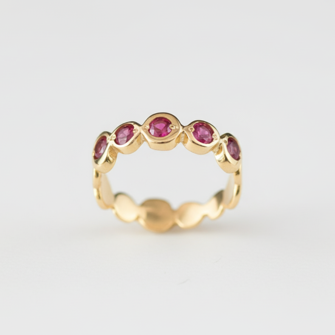 Beautifully crafted 18k Gold Vermeil Ring featuring a Round Created Red Ruby, perfect for expressing love and celebrating July birthdays.