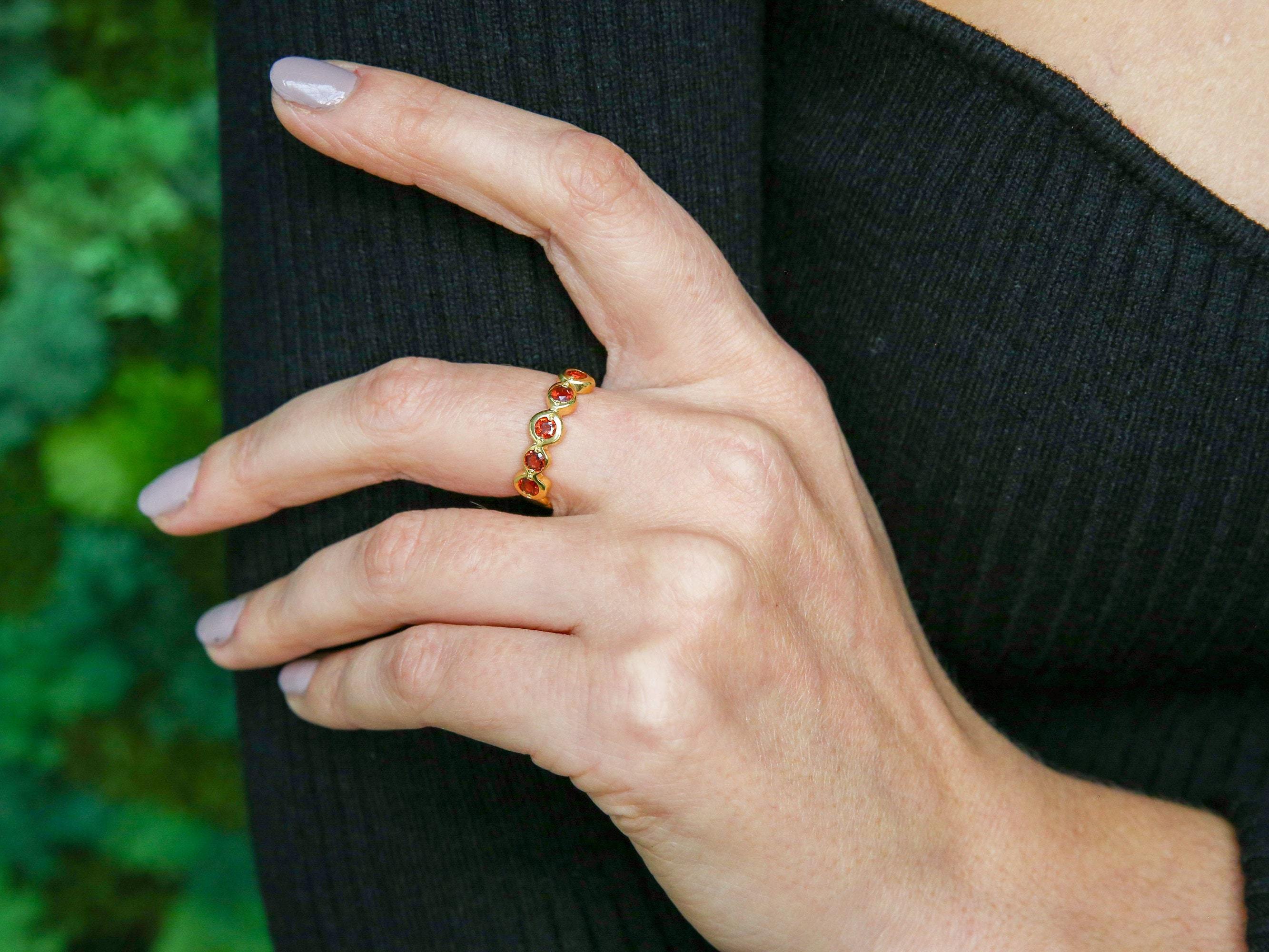 Gold Garnet ring, Natural Garnet, January Birthstone, Half Eternity Band, Stackable Ring, Red Diamond Ring, Bubble Band, Gold Vermeil Ring