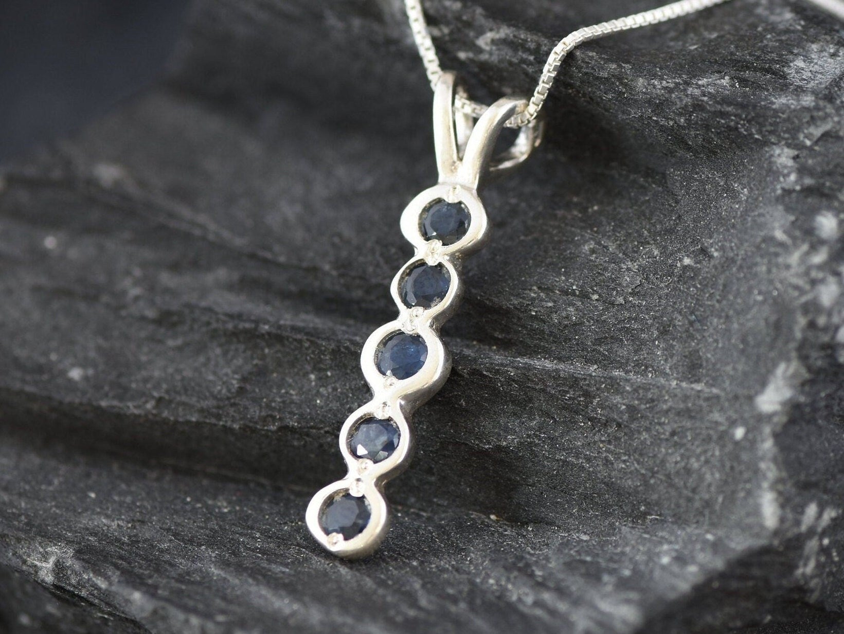 Long Blue Sapphire Pendant Necklace in 925 Sterling Silver, perfect for September birthdays and everyday elegance.