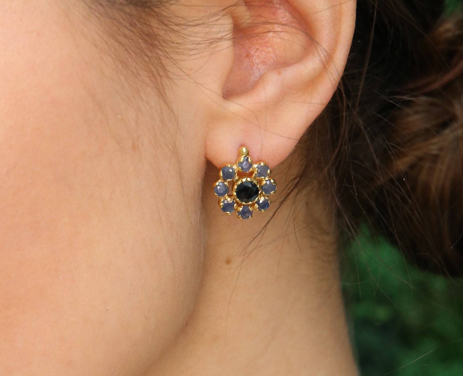 Sapphire Flower Earrings - Natural Sapphire Earrings, Blue Flower Earrings made in 18k Gold Vermeil. Ideal for everyday wear and perfect for birthday gifting and special occasions.