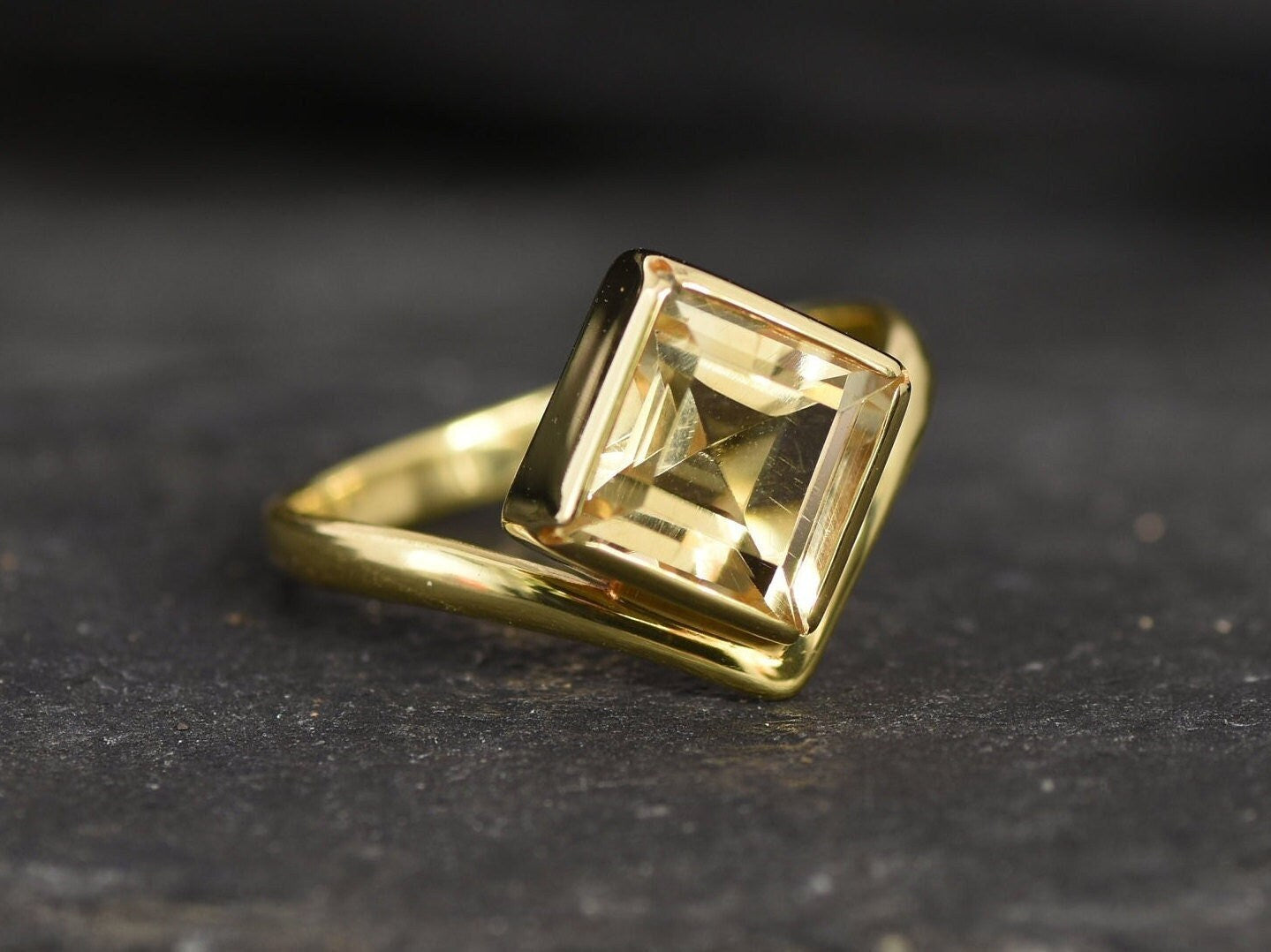 Emerald Cut Citrine Ring, Natural Citrine Ring, Gold Citrine Ring