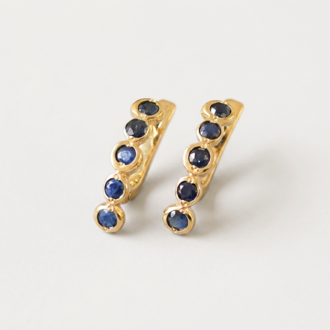 Gold Sapphire Bubble Earrings - Natural Sapphire, Long Bezel Earrings made in 18k Gold Vermeil. Ideal for everyday wear and perfect for birthday gifting and special occasions.