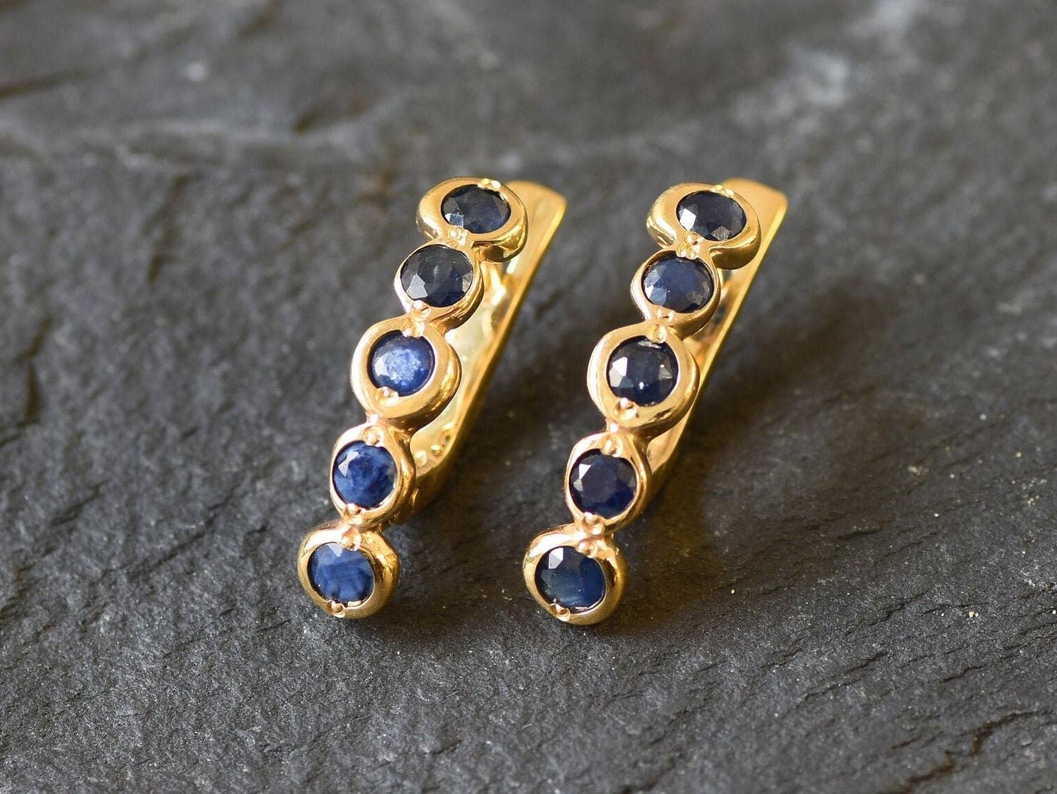 Gold Sapphire Bubble Earrings - Natural Sapphire, Long Bezel Earrings made in 18k Gold Vermeil. Ideal for everyday wear and perfect for birthday gifting and special occasions.