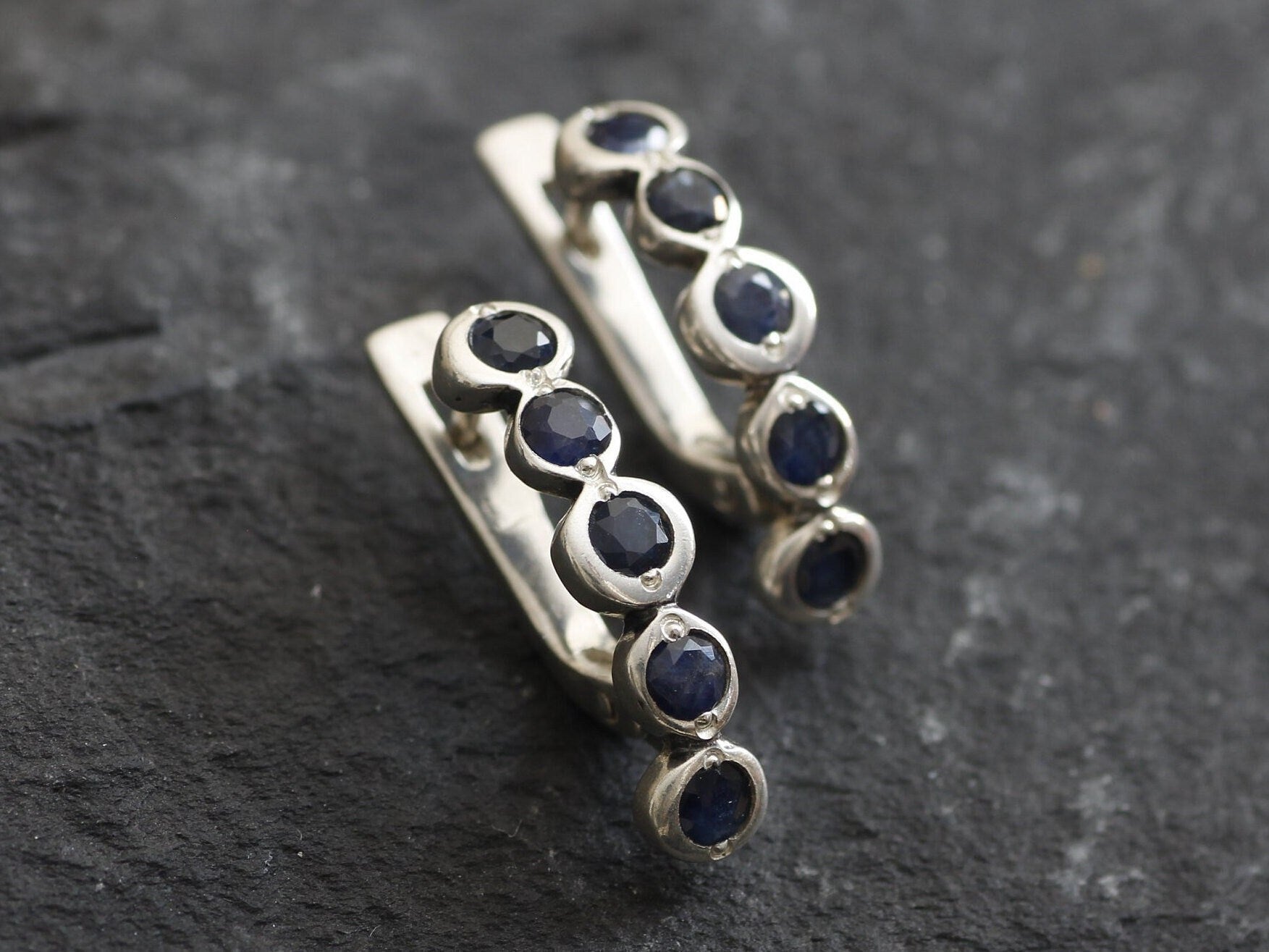 Blue Drop Earrings - Genuine Sapphire Earrings - Long Bezel Earrings made in 925 Sterling Silver. Ideal for everyday wear and perfect for birthday gifting and special occasions.