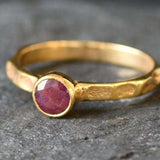 Gold Ruby Ring, Created Ruby, Ruby Solitaire Ring, Round Ruby Ring, Ruby Promise Ring, Created Ruby Ring, Red Stone Ring, Hammered Band, 18K