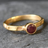 Gold Ruby Ring, Created Ruby, Ruby Solitaire Ring, Round Ruby Ring, Ruby Promise Ring, Created Ruby Ring, Red Stone Ring, Hammered Band, 18K