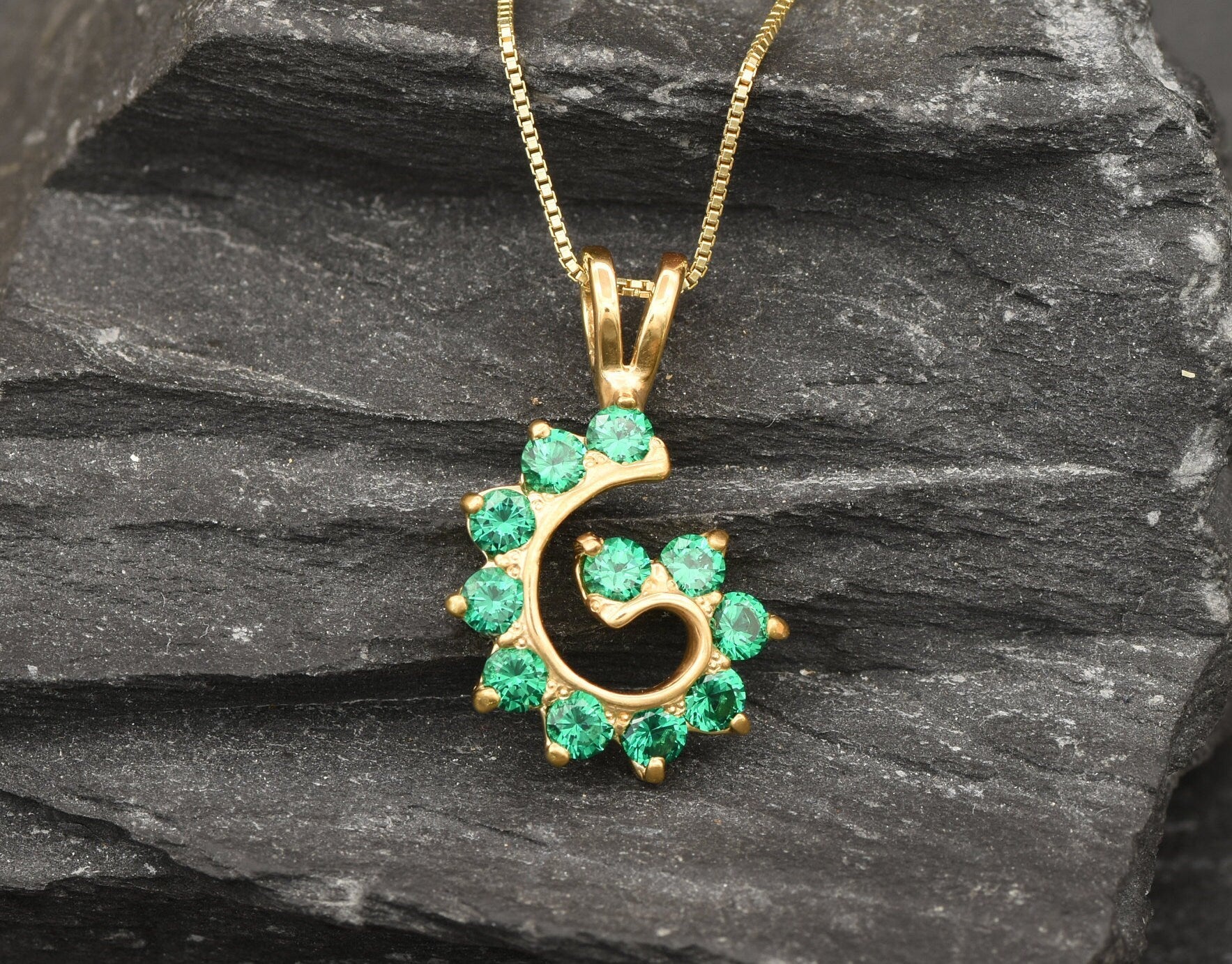 Elegant 18k Gold Vermeil Emerald Pendant with round created green emerald, perfect for birthdays and special occasions.