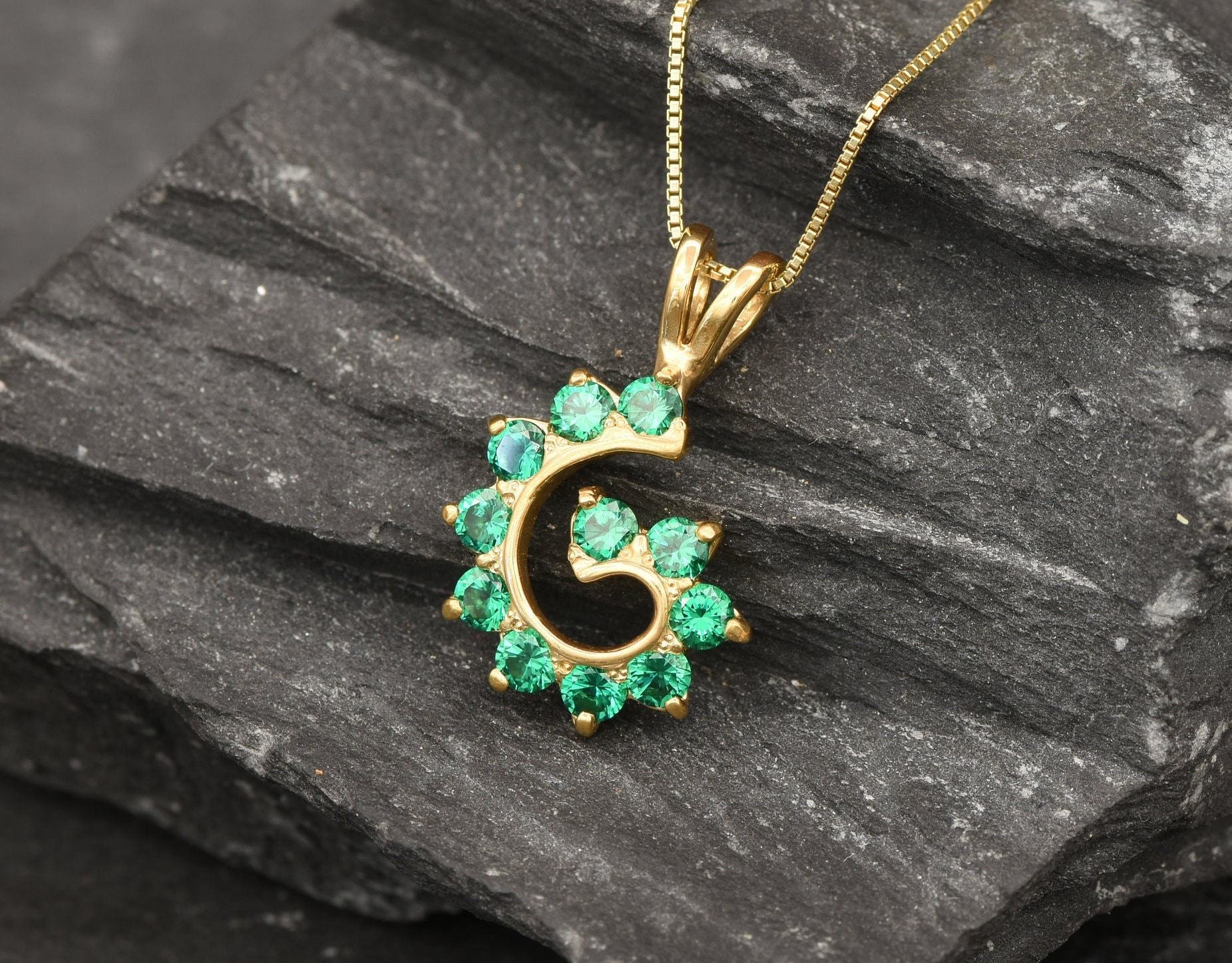 Created Emerald Pendant made in 18k Gold Vermeil with Round Created Green Emerald in Cluster setting, May Birthstone gift idea, symbolizes, ideal for everyday wear and perfect for birthday gifting and special occasions.