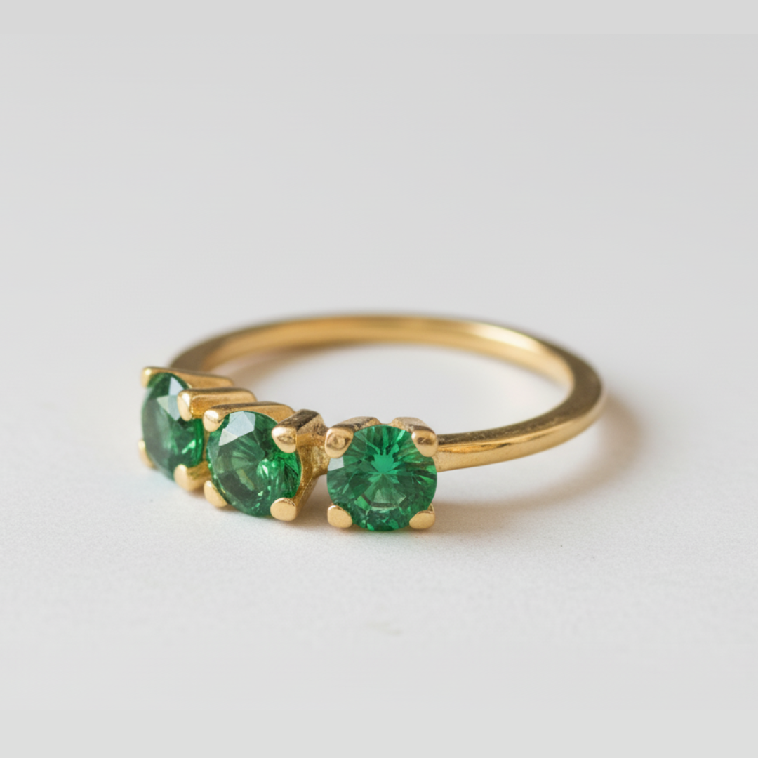 Beautifully crafted 18k Gold Vermeil ring with a shimmering Created Green Emerald, perfect for May birthday celebrations and special moments.