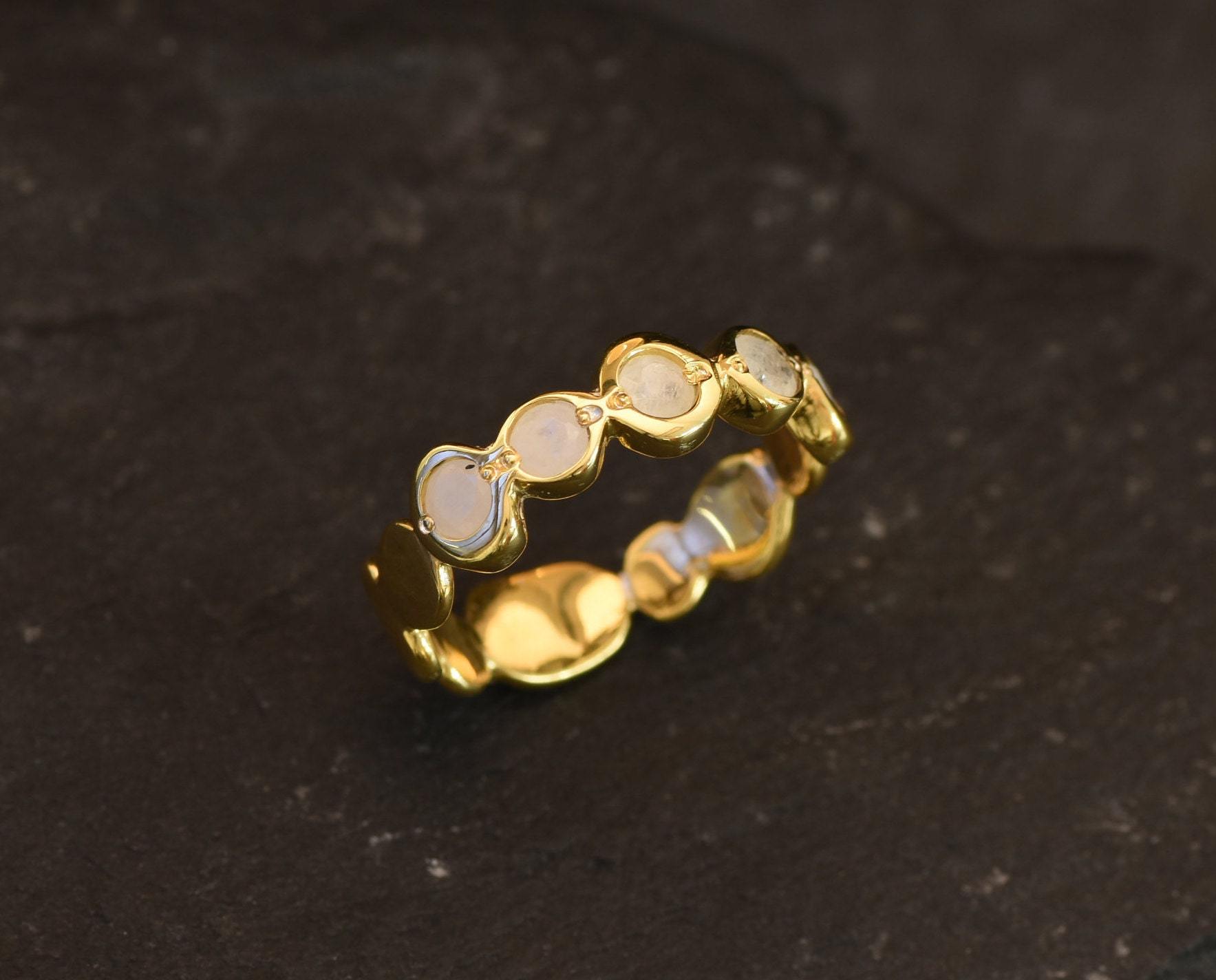 Gold Moonstone Ring, Natural Rainbow Moonstone, June Birthstone, Gold Bubble Band, Moonstone Band, Stackable Band, Bezel Band, Boho Ring