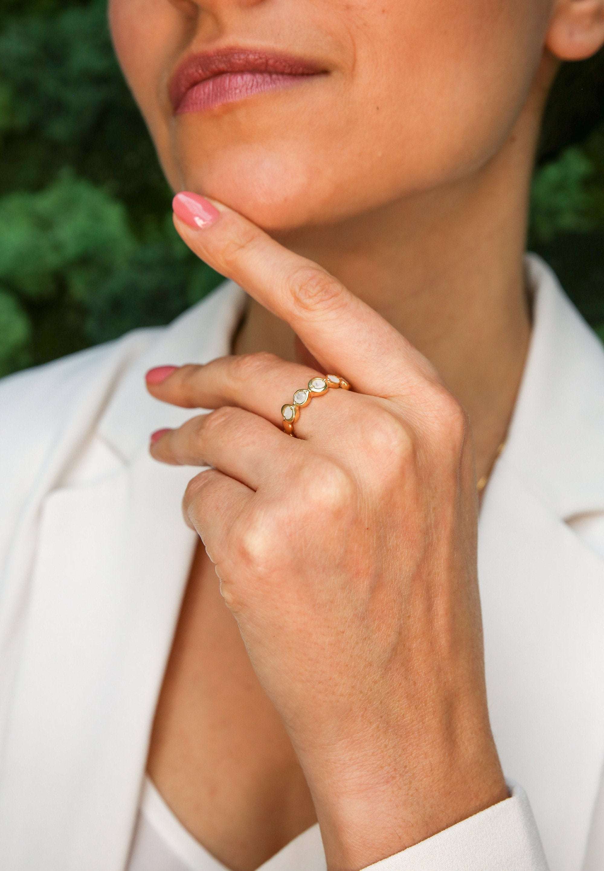 Gold Moonstone Ring, Natural Rainbow Moonstone, June Birthstone, Gold Bubble Band, Moonstone Band, Stackable Band, Bezel Band, Boho Ring
