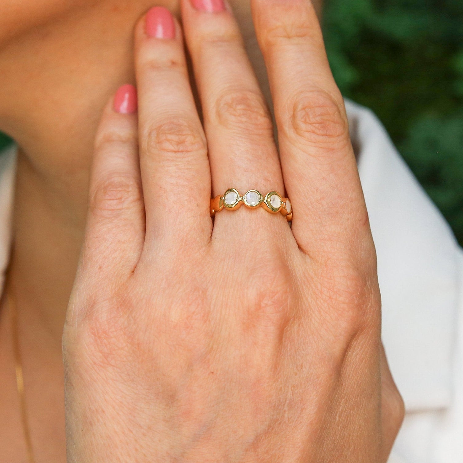 Gold Moonstone Ring, Natural Rainbow Moonstone, June Birthstone, Gold Bubble Band, Moonstone Band, Stackable Band, Bezel Band, Boho Ring