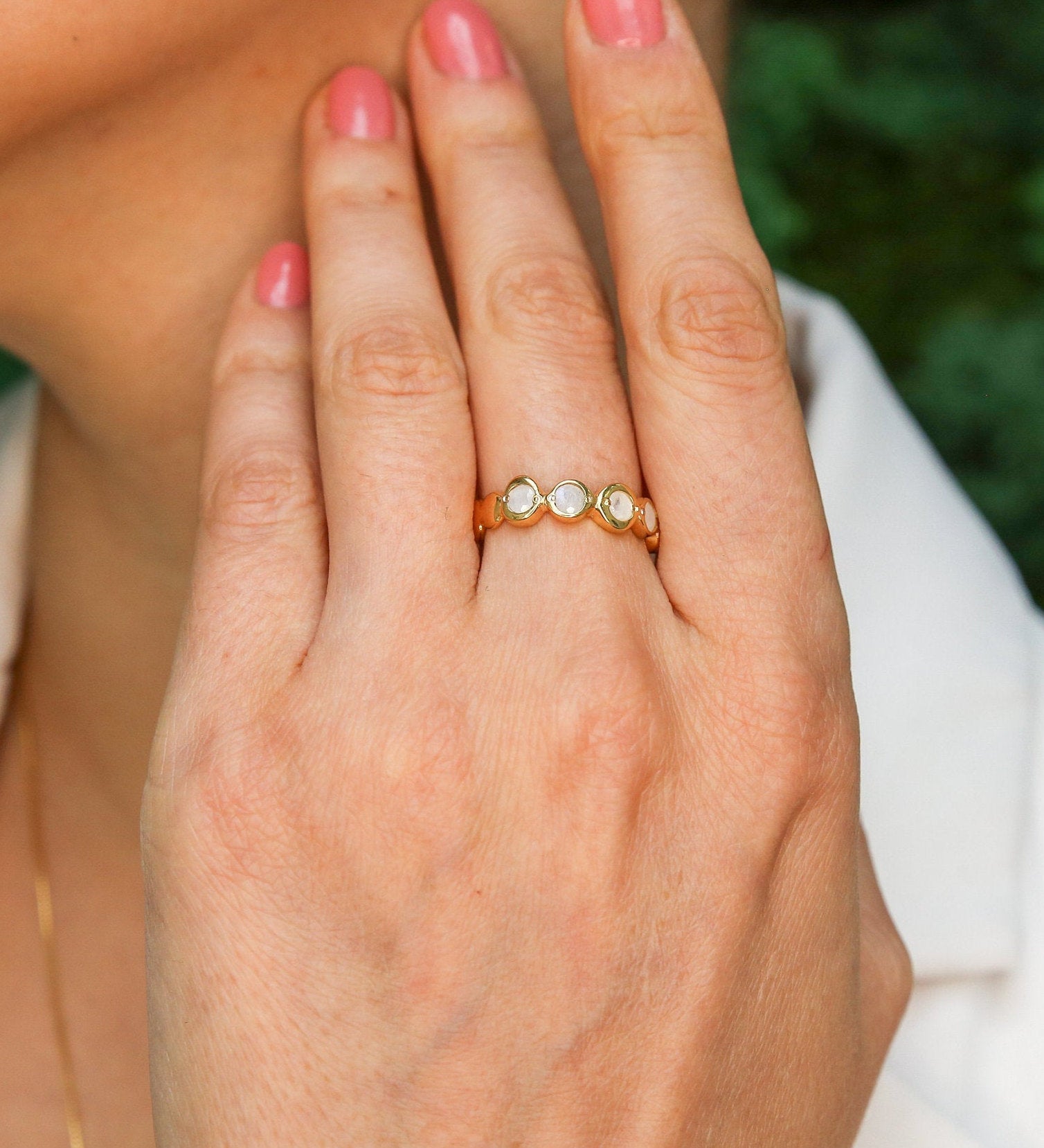 Gold Moonstone Ring, Natural Rainbow Moonstone, June Birthstone, Gold Bubble Band, Moonstone Band, Stackable Band, Bezel Band, Boho Ring