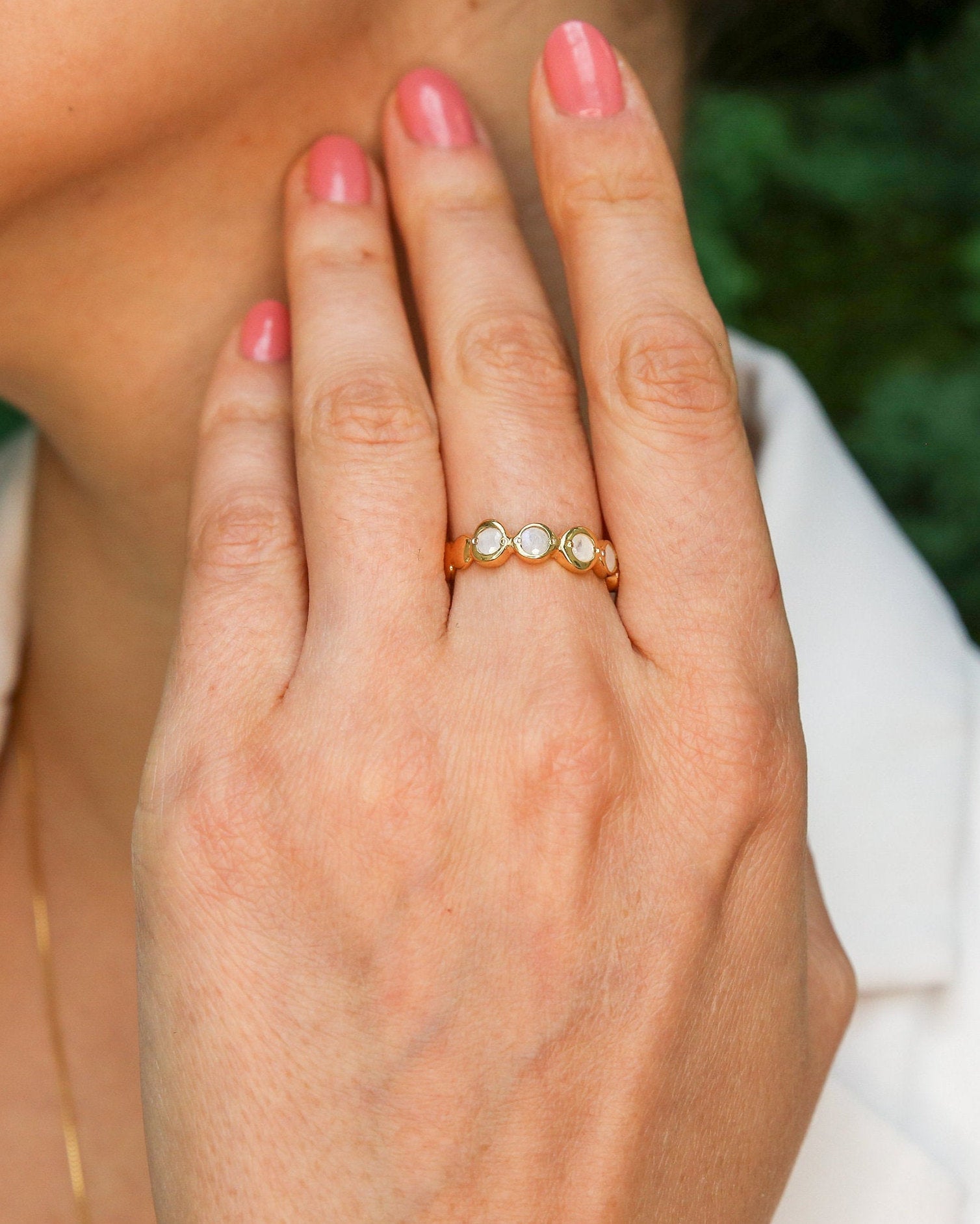Gold Moonstone Ring, Natural Rainbow Moonstone, June Birthstone, Gold Bubble Band, Moonstone Band, Stackable Band, Bezel Band, Boho Ring
