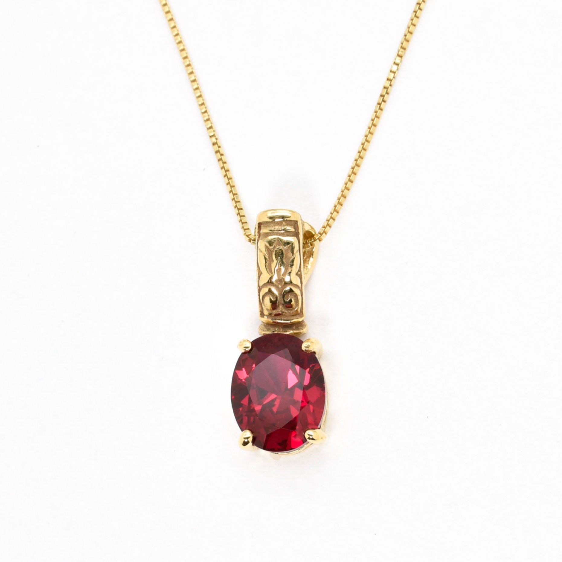 Created Ruby Pendant made in 18k Gold Vermeil with Oval Created Red Ruby in Prong setting, July Birthstone gift idea, symbolizes nobility, purity, and passion, ideal for everyday wear and perfect for birthday gifting and special occasions.