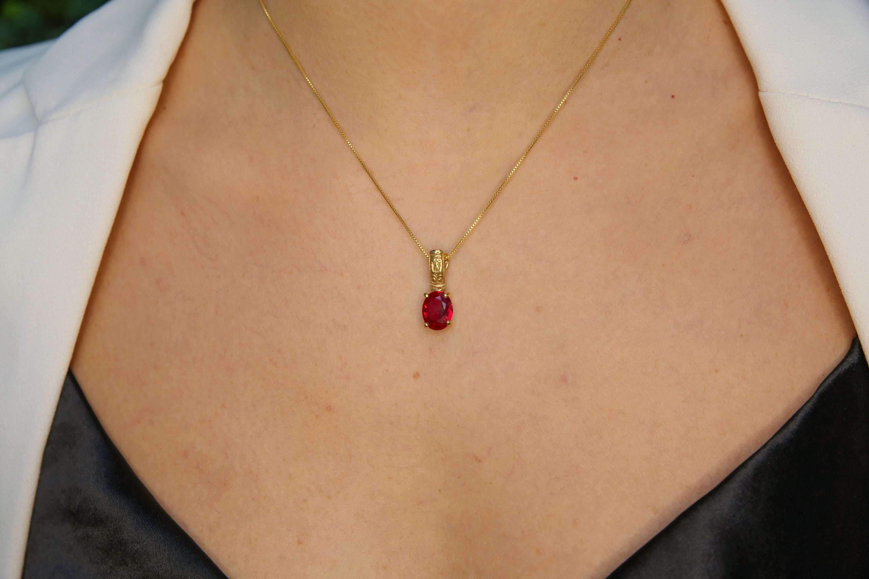 Gold Ruby Pendant, Created Ruby, Red Boho Pendant, Vintage Pendant, Ruby Necklace, Vertical Pendant, Long Red Pendant, Gold Plated Vermeil