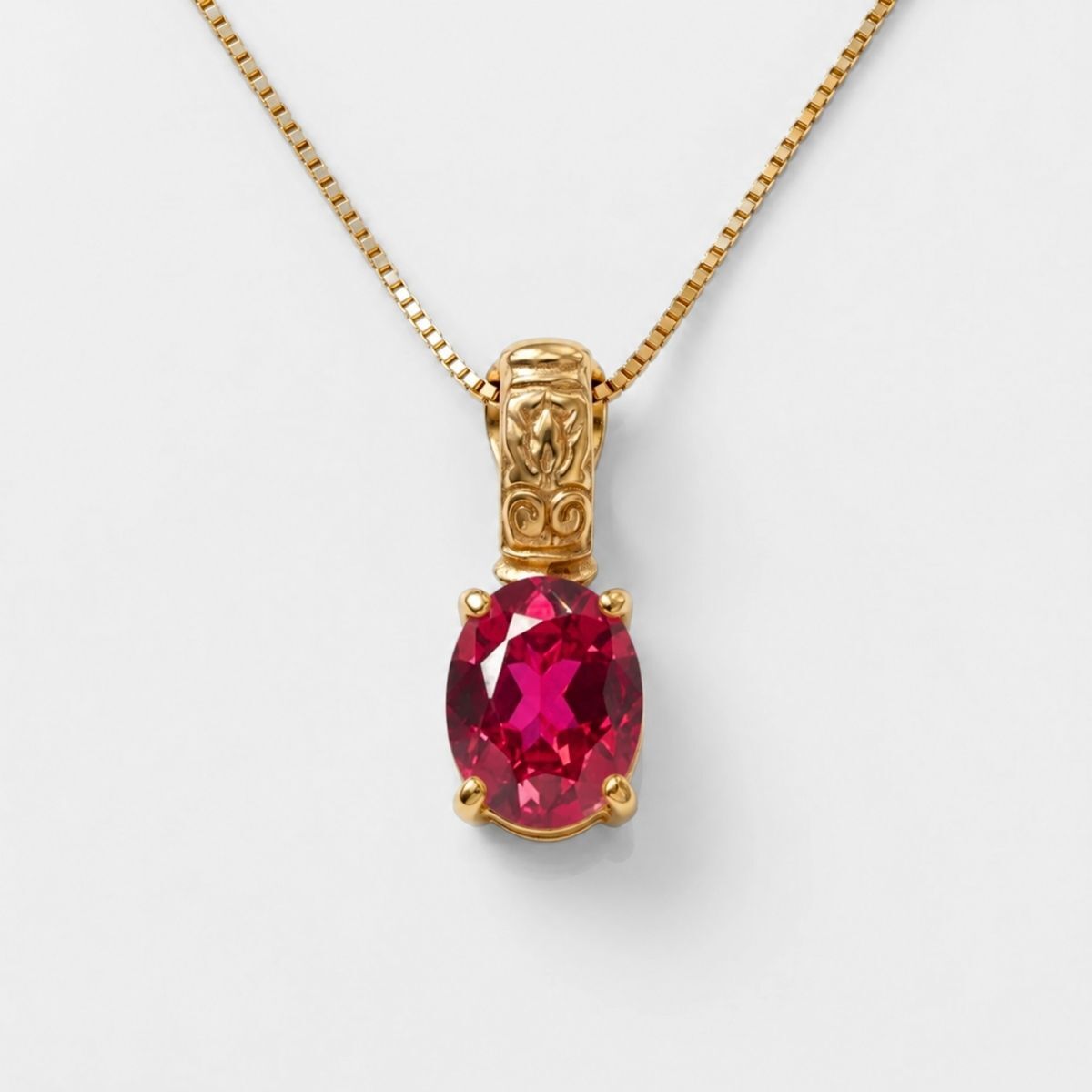 Created Ruby Pendant made in 18k Gold Vermeil with Oval Created Red Ruby in Prong setting, July Birthstone gift idea, symbolizes nobility, purity, and passion, ideal for everyday wear and perfect for birthday gifting and special occasions.
