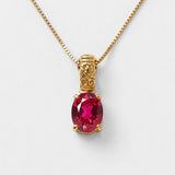 Created Ruby Pendant made in 18k Gold Vermeil with Oval Created Red Ruby in Prong setting, July Birthstone gift idea, symbolizes nobility, purity, and passion, ideal for everyday wear and perfect for birthday gifting and special occasions.