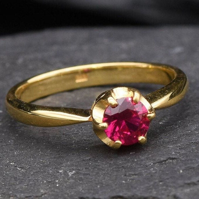 Solitaire Ruby Ring, Promise Ruby Ring, Gold Ruby Ring, Engagement Ruby Ring, Created Ruby, Gold Ruby Band, Red Diamond Ring,18K Gold Plated