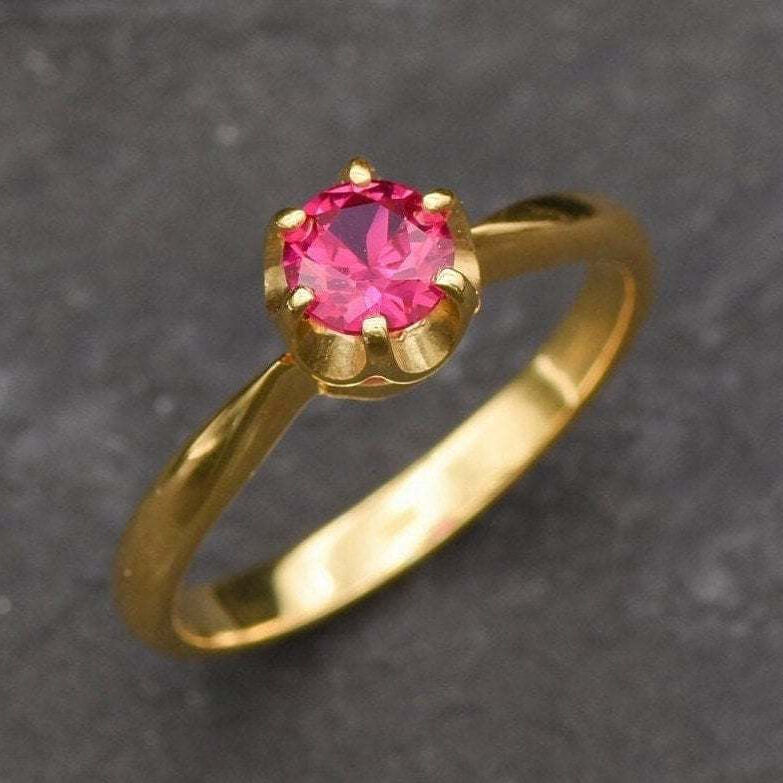 18k Gold Vermeil Ruby Ring featuring a Round Created Red Ruby; perfect for July birthdays and meaningful gifts.
