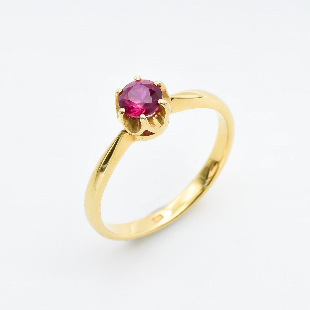 Created Ruby Ring made in 18k Gold Vermeil with Round Created Red Ruby in Solitaire setting, July Birthstone gift idea, symbolizes nobility, purity, and passion, ideal for everyday wear and perfect for birthday gifting and special occasions.