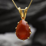 Gold Carnelian Pendant - Genuine Carnelian Necklace, Red Teardrop Pendant
