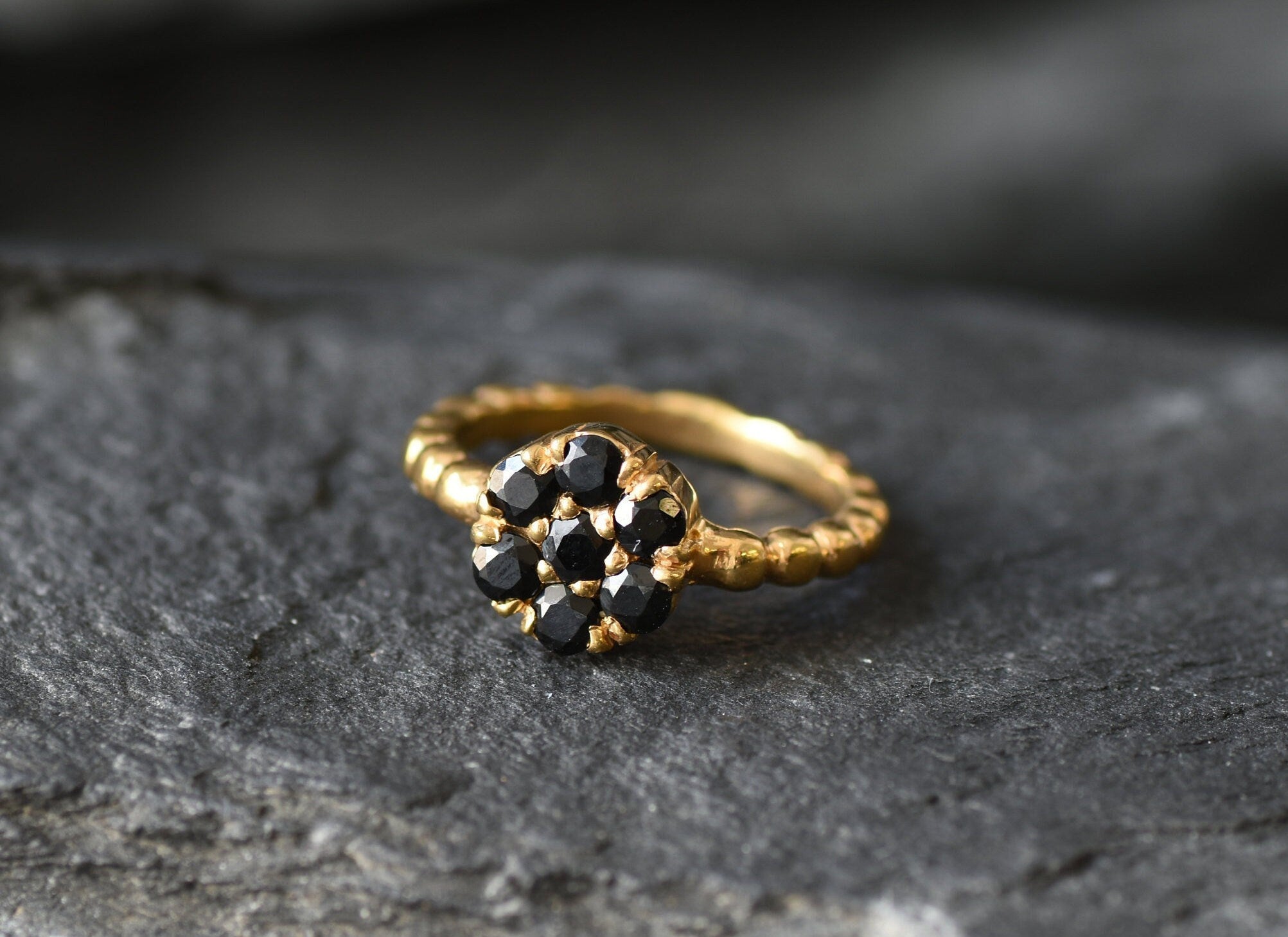 Gold Onyx Ring, Black Flower Ring, Natural Onyx, Daisy Ring, Stackable Ring, Dainty Ring, Gold Flower Ring, Gold Plated Ring, Vermeil Ring