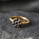 Onyx Ring - Black Flower Ring - Silver Bubble Band