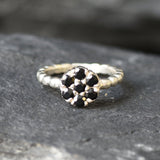 Onyx Ring - Black Flower Ring - Silver Bubble Band