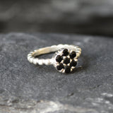 Onyx Ring - Black Flower Ring - Silver Bubble Band