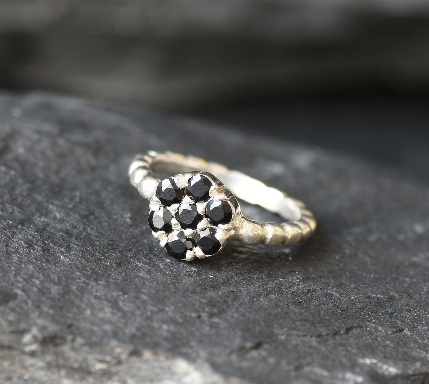 Onyx Ring, Black Flower Ring, Natural Onyx, Daisy Ring, Stackable Ring, Dainty Ring, Silver Ring